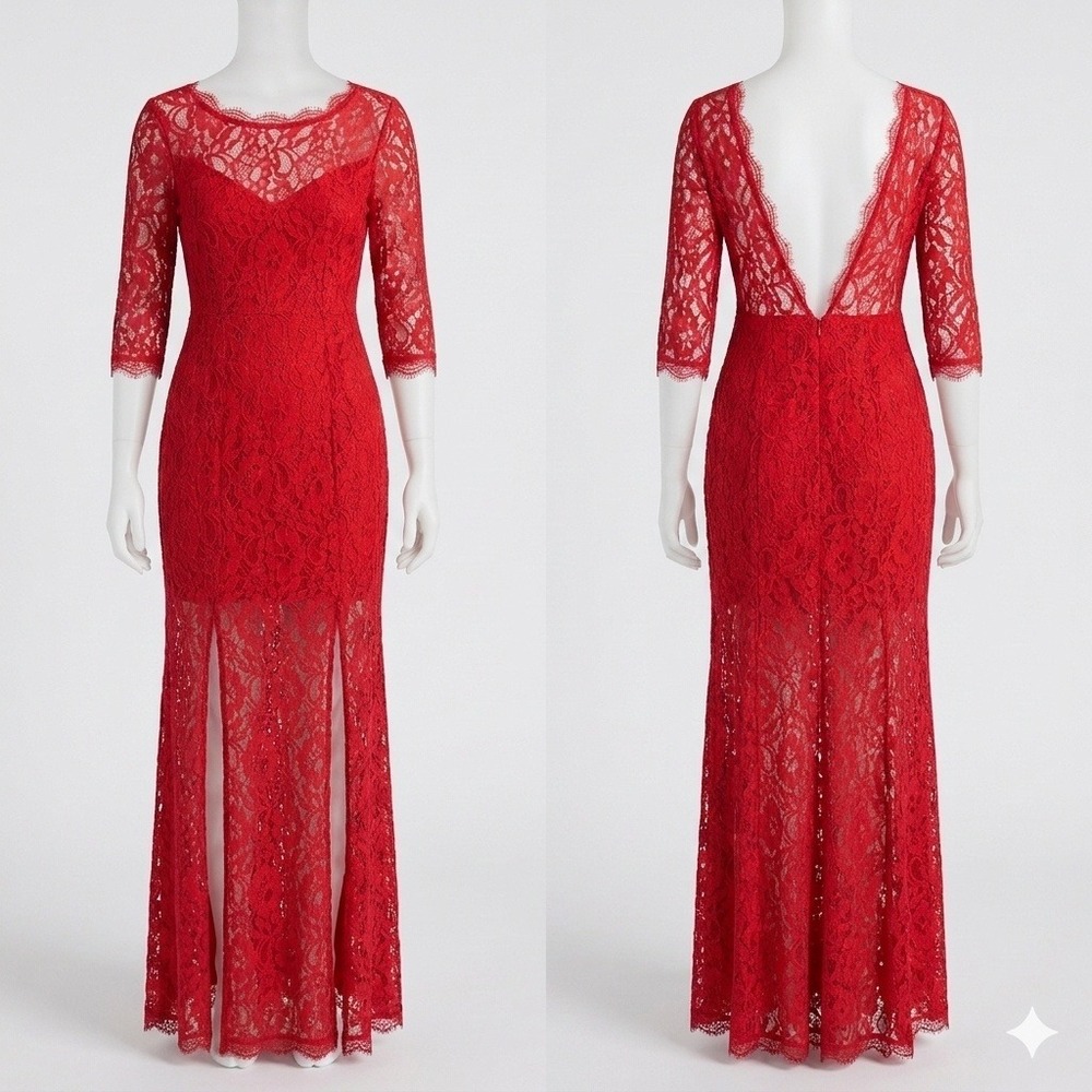 Lulus Madalyn Red Stretch Lace V-Back Maxi Dress M Romantic Formal Prom Coquette